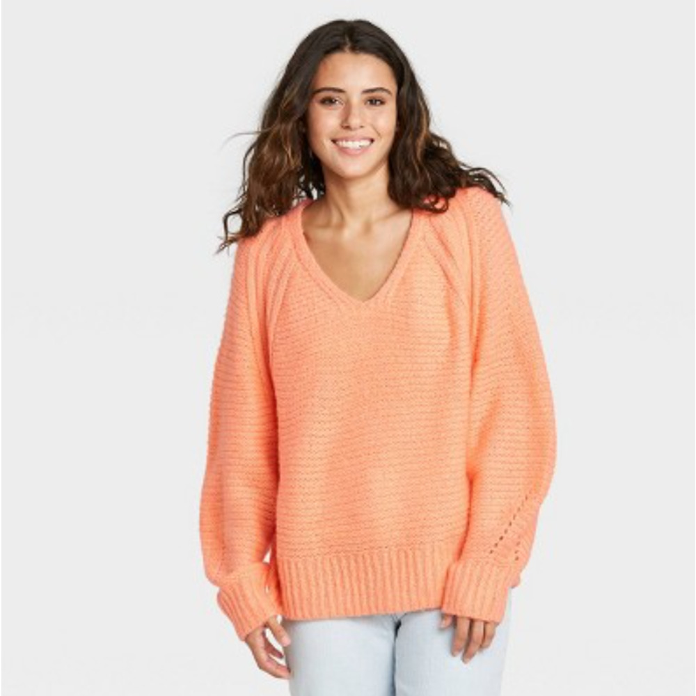Womens Balloon Sleeve V-Neck Pullover Sweater - Universal Thread Coral XXL - NWT